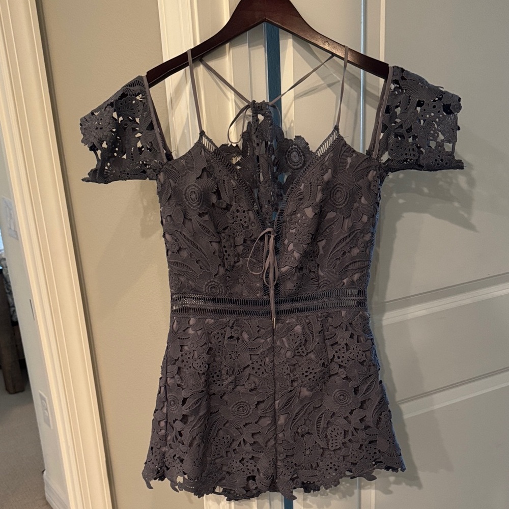 Saylor Mandy Blue Lace Off-Shoulder Romper - Picture 2 of 9